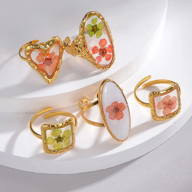 18K Gold Plated Stainless Steel Preserved Flower Rings Multiple Shapes (Square/Heart/Oval) Women's Fashion Jewelry Gift