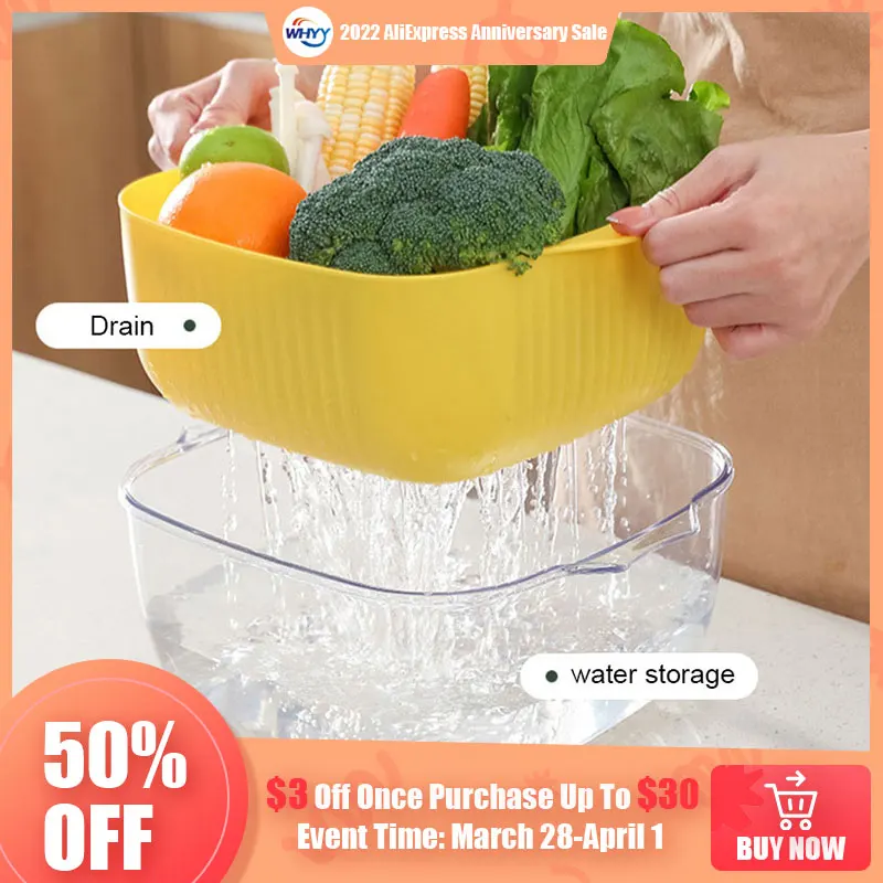 

WHYY Double-layer Fruit Vegetable Cleaning Basin Creative Draining Colander Storage Basket Home Kitchen Tools Gadget Accessories