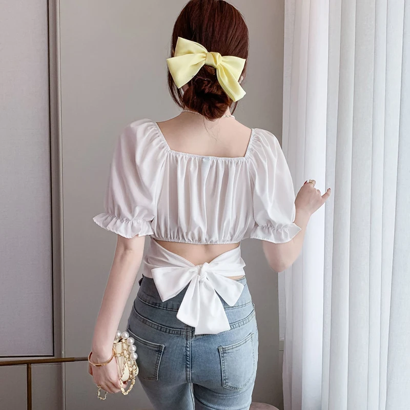 Lucyever 2022 Summer Print Chiffon Blouse Women Korean Square Neck Bandage Cropped Shirts Woman White Ruched Short Sleeve Blusas