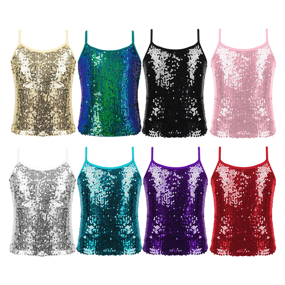 Kids Girls Jazz Dance Camisole Tanks Top Summer New Sleeveless Shiny Sequins Vest Tops for Ballet Dancing Performance Streetwear