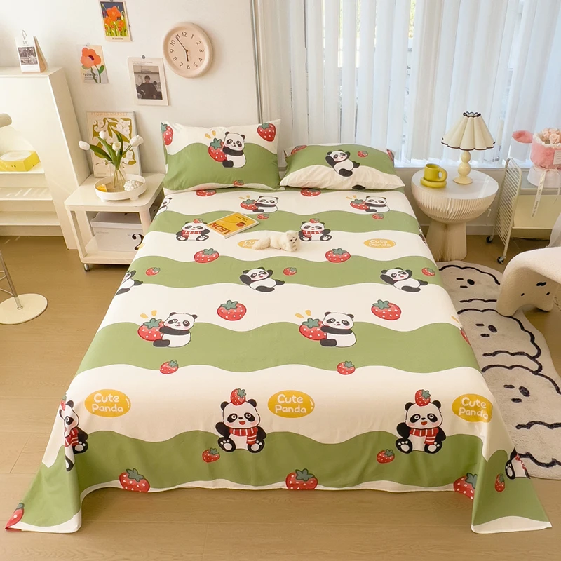 

Cute Cartoon Panda Flat Sheet Kawaii Strawberry Bed Sheet Set for Girls Boys Room Decor, Cotton Twin Bed Cover with 2 Pillowcase