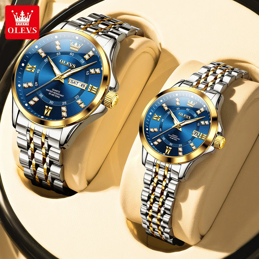 ساعات OLEVS للأزواج الفاخرة من أفضل العلامات التجارية المصنوعة من الفولاذ المقاوم للصدأ ساعة يد كوارتز أصلية لمحبي تقويم مضيء مقاوم للماء