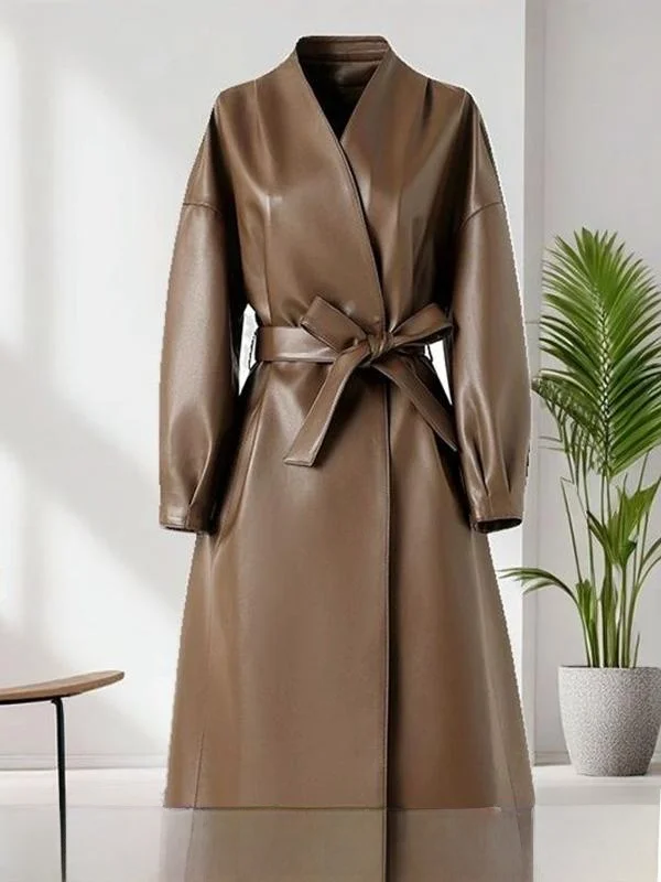 

Retro Sle Women's eepskin Coat Loose Fit Medium Length Slimming Design Faionable Outerwear Long Sve V-Ne Coat