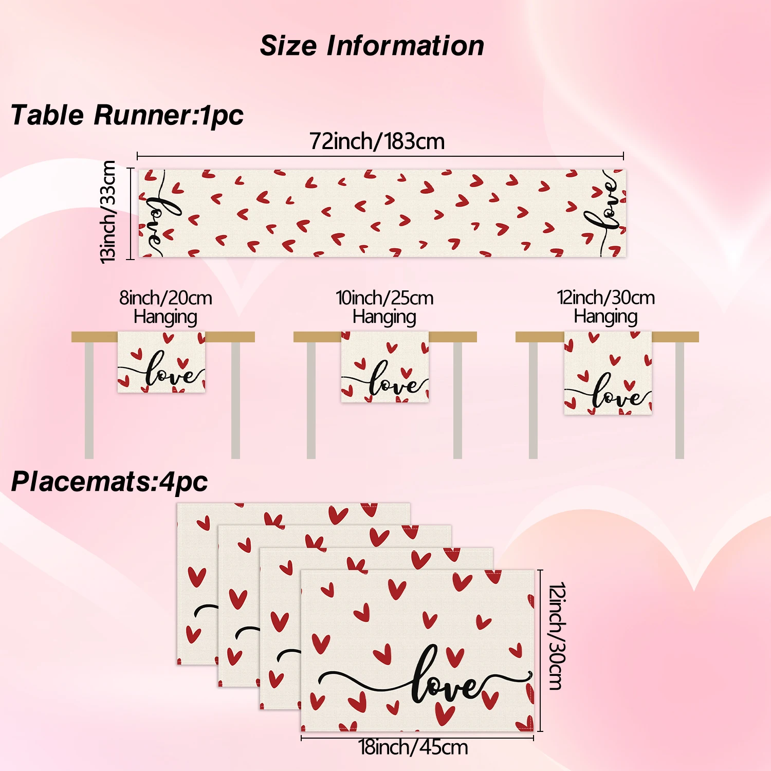 1/4/5/6/7pcs Valentine's Day-themed table mats and table runners with small red heart prints, non-slip, durable, and heat-resist