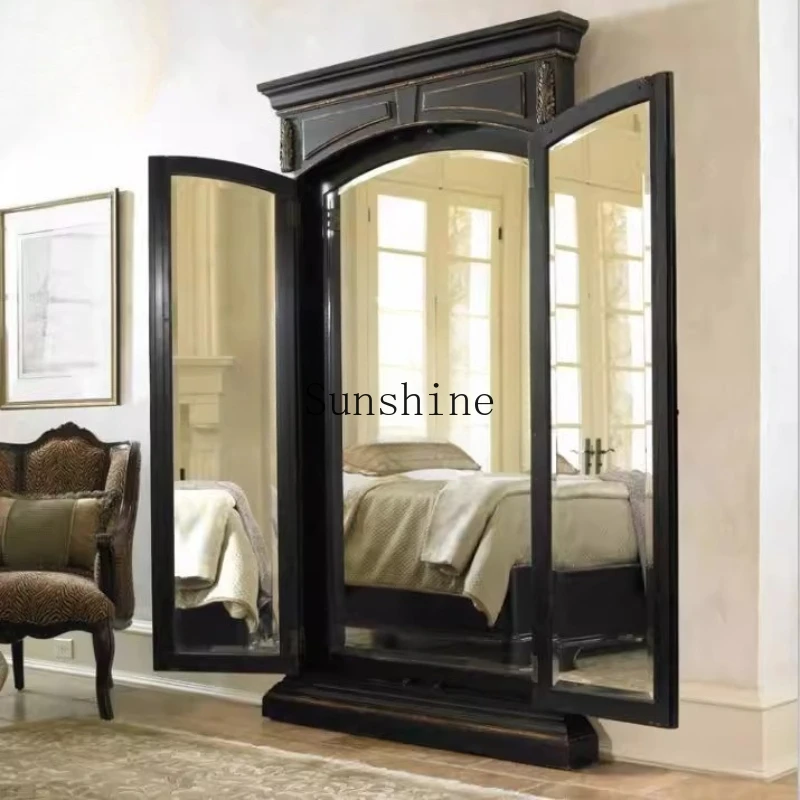 

American retro floor solid wood full-length mirror storage double-door full-length mirror