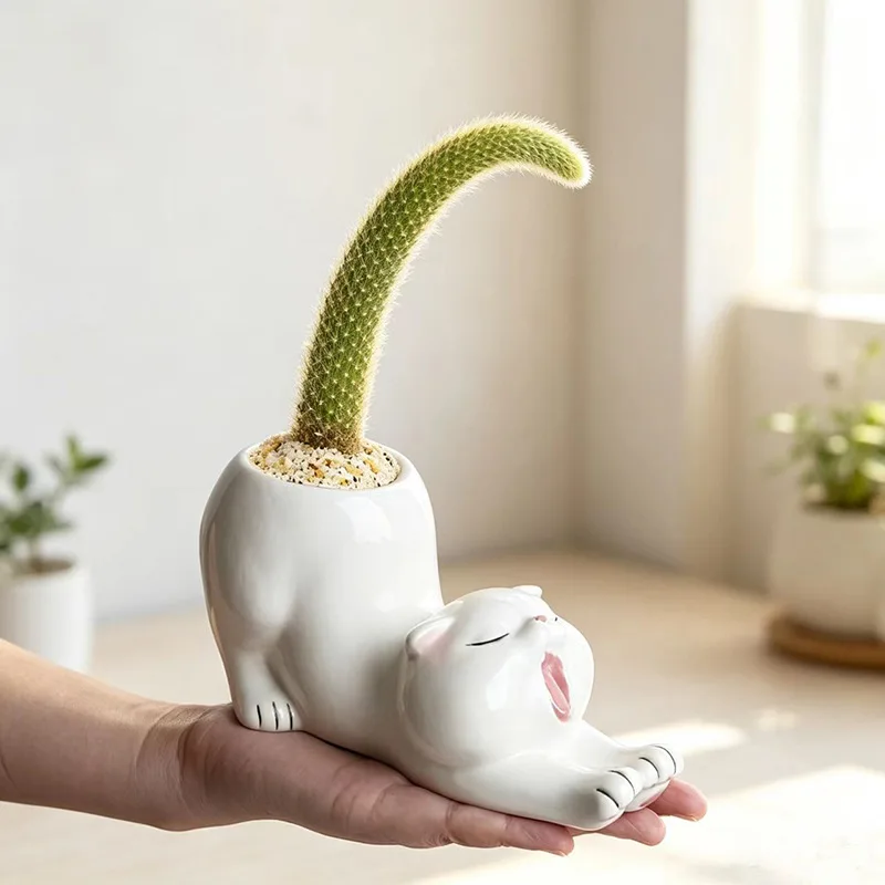 Handmade Stretching Cat Animal Ceramic Flower Pot Succulent Planter Mini Cactus Bonsai Desktop Tabletop Home Office Decor Gift