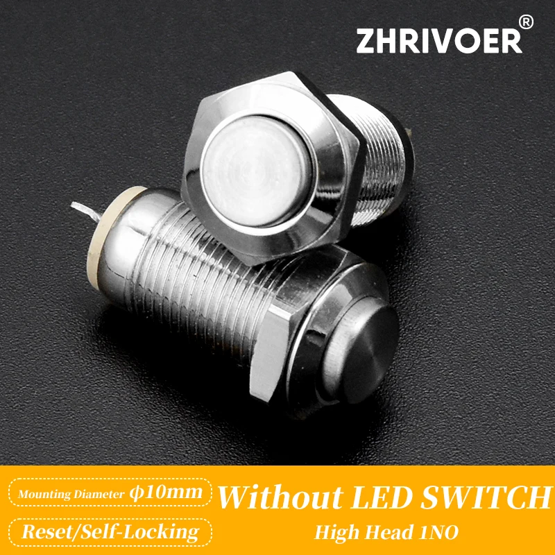 1pc 10MM 2pin Panel Hole Metal Push Button Switch Latching Power Push Button High Head Self Locking/ Reset Soldering IP67 1NO