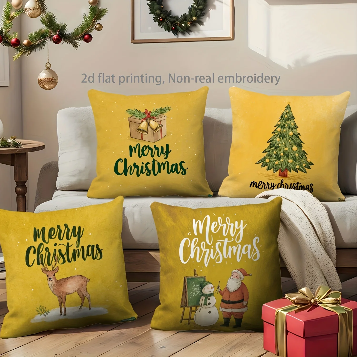 2D Flat - 4-Pack Festive Christmas Pillow Covers, Modern Design with Christmas Tree, Reindeer, And Holiday Letter Patterns
