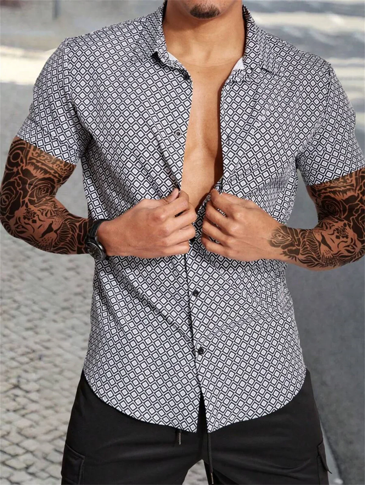 Summer floral patchwork high-definition pattern 3D printing with lapel button up shirt tiki Hawaiian short sleeved pocket shirt