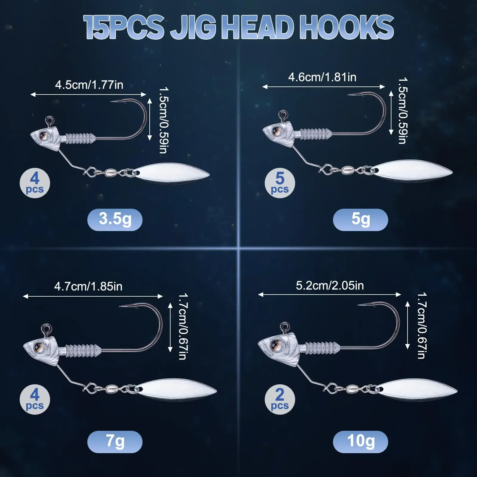 Goture Swimbait Jig Head Hooks 15 Stück, 3,5 g-10 g Angelhaken aus Kohlenstoffstahl mit 3D-Augen-Köderhalter, für Barsch- und Zanderangeln – Detail 5