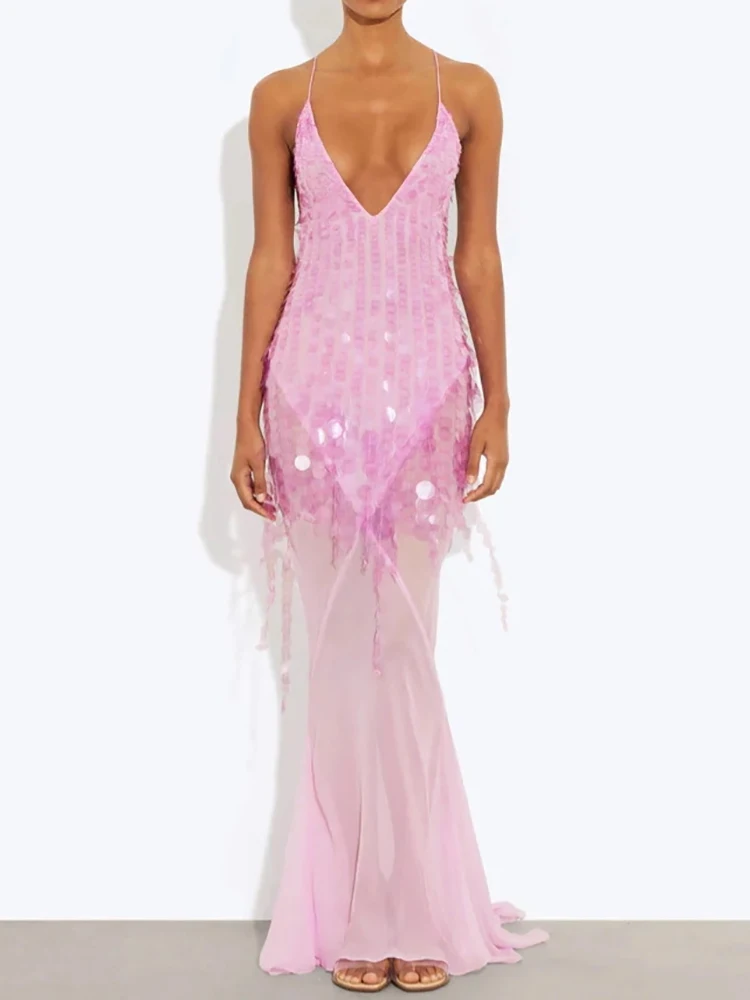 Backless Sequins Patchwork Simple Party Dress, Women Summer Solid Deep V Neck Maxi Dress, New Lacing Up Ladies Dresses Vestidos