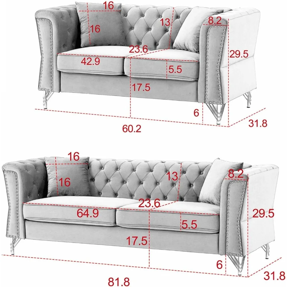 Set of 2 Sofa Couch for Living Room, 81-inch Couch + 60-inch Loveseat Sofa, Modern Button Tufted Velvet Couches with Golden