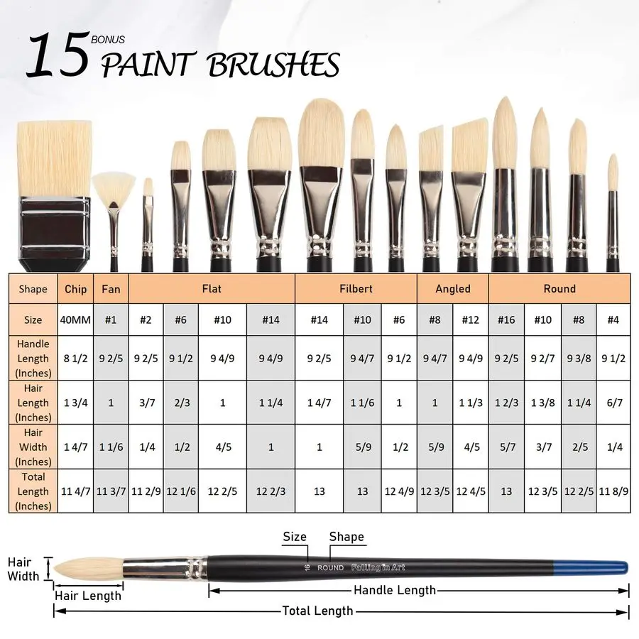 

Natural Bristle Professional Paintbrush Set, 15PCS Long Handled Paint Brushes for Acrylic Painting, Oil Paint Brushes with Bambo