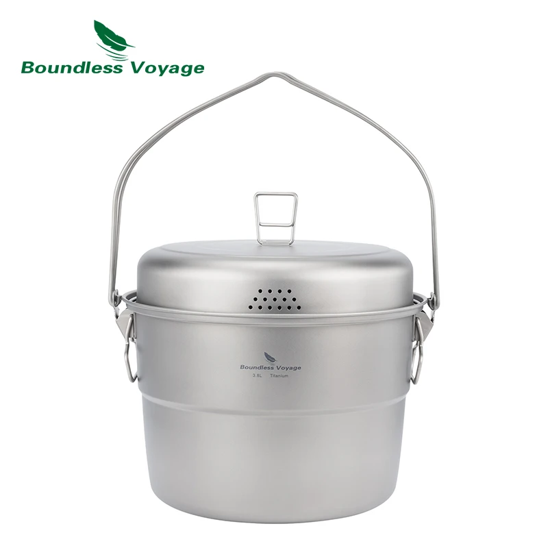 Boundless Voyage 3.8L Titanium Hanging Pot for Soup Steaming Outdoor Camping Cooking Stockpot With Steamer Set Large Capacity