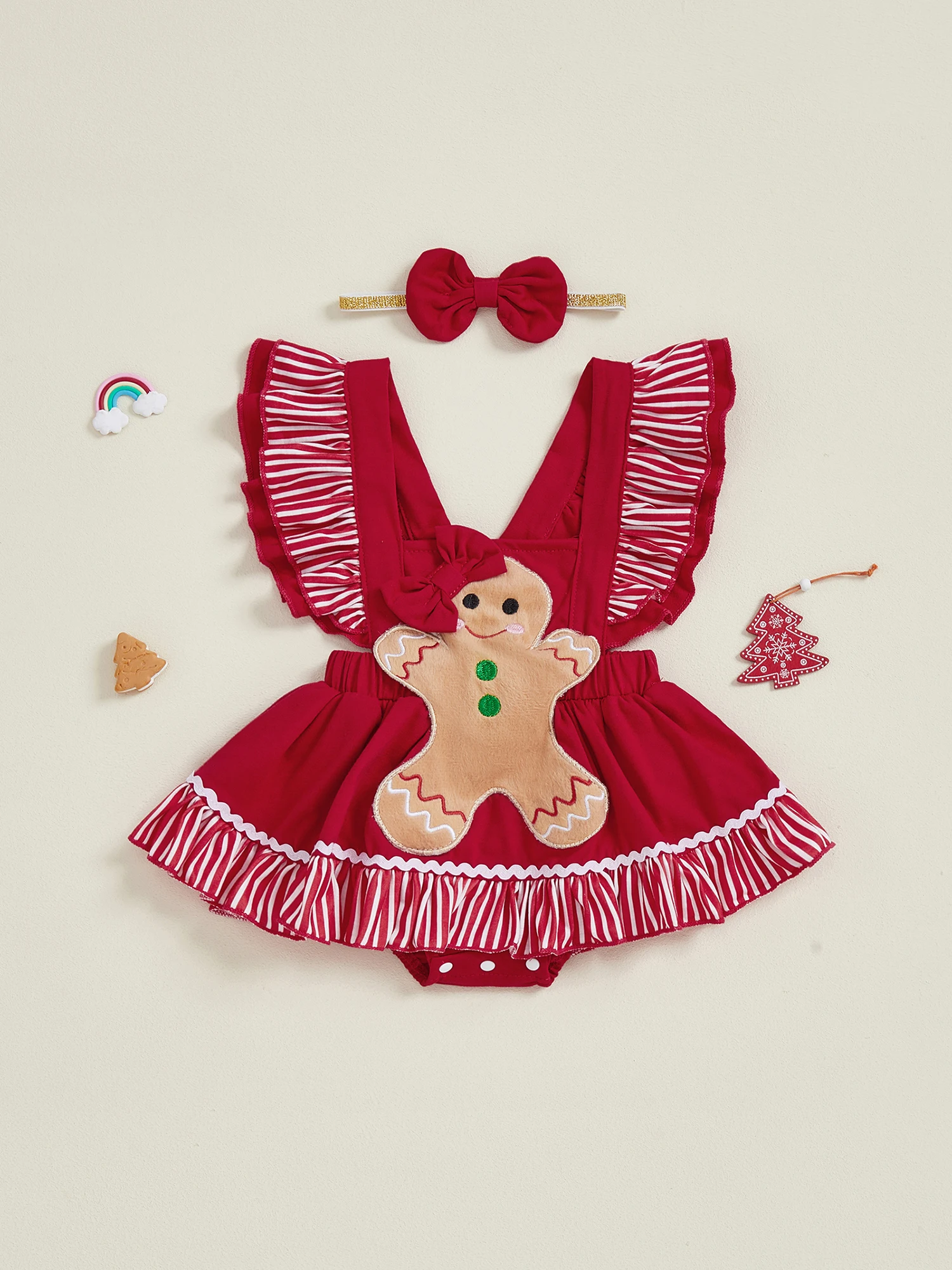 

Adorable Baby Girl Christmas 2 Piece Outfits Festive Reindeer Print Ruffle Sleeve Romper Dress Matching Bow Headband Set for