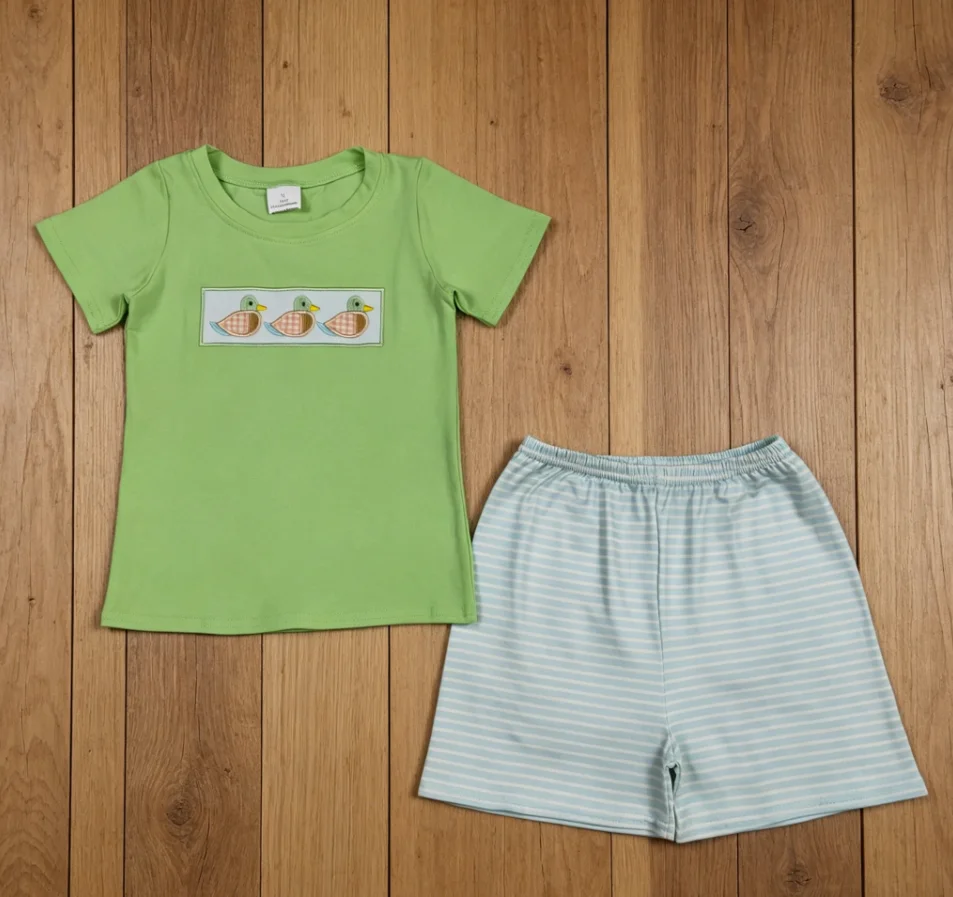 Wholesale Boys Embroidery Outfits Toddler Short Sleeves Ducks Green Shirt Children Kids Set Baby Boy Stripes Shorts Clothes