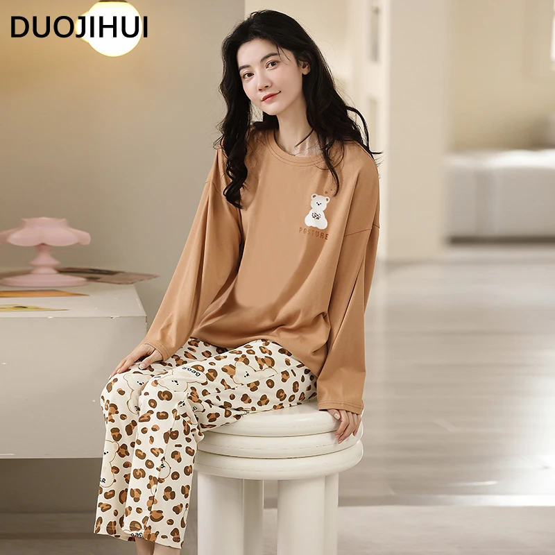 DUOJIHUI New Two Piece Contrast Color Pajamas for Women Simple Print Basic Pullover Loose Casual Pant Fashion Female Pajamas Set