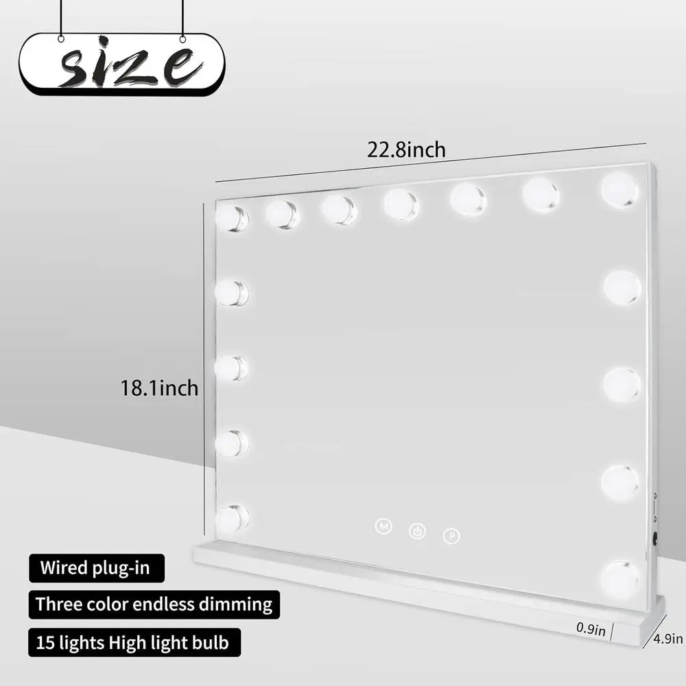 Espejo de tocador LED de pared de 18,2 x 22,8 con 15 bombillas ajustables, 3 modos de color, aumento de 10X y puerto USB