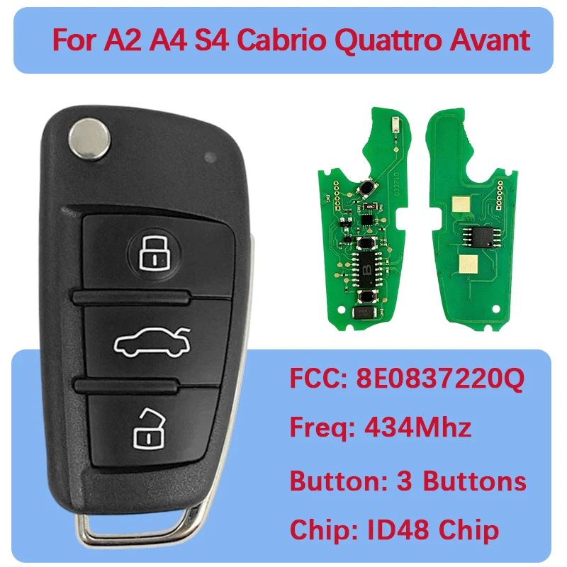 CN008007 3 Button Remote Car Flip Key 8E0 837 220Q K D 433MHz Fob 48 Chip For A2 A4 S4 Cabrio Quattro Avant 2005-2008
