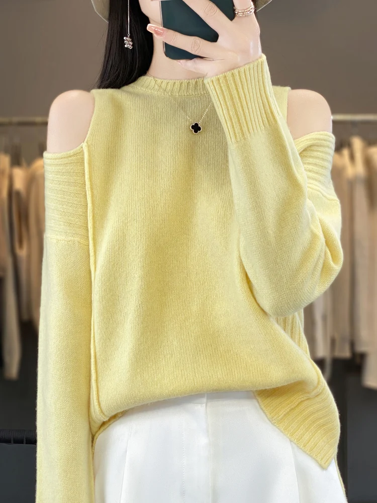 New Chic Women O-neck Cut Out Pullover Cashmere Sweater 100% Merino Wool Knitwear Autumn Winter