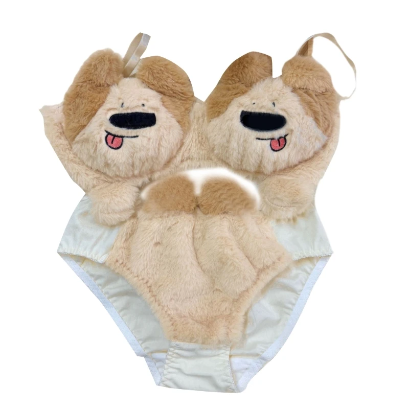 Japanese Cartoon Puppy Dog Plush Bra and Panty Set Anime Women's Brassiere Gather Lingerie Briefs Furry Underwear