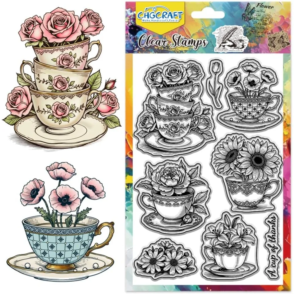 Klare Stempel im Vintage-Teetassen-Blumen-Stil für DIY-Scrapbooking und Kartenherstellung, Papierhandwerk, 6,3 × 4,3 Zoll
