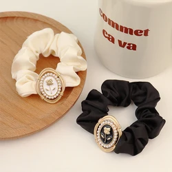 2pcsRetro rose scrunchies high quality hair rope tie ponytail head rope satin pearl simple leather band