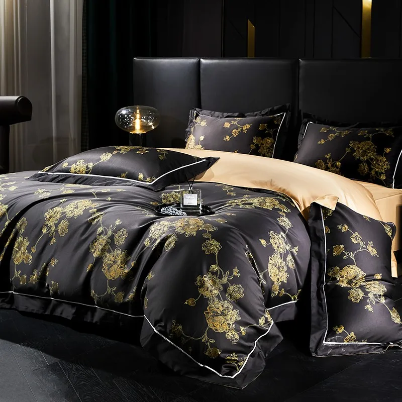 

1000TC Cotton Soft Black Duvet cover Chic Gold print 4Pcs Bedding Set Queen King Double Zipper Quilt Cover Bed Sheet Pillowcases