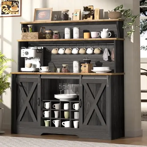 55'' Farmhouse Coffee Bar Cabinet with 3 Tier Storage Hutch, Coffee Bar Station with Sliding Barn Door, Hutch Storage