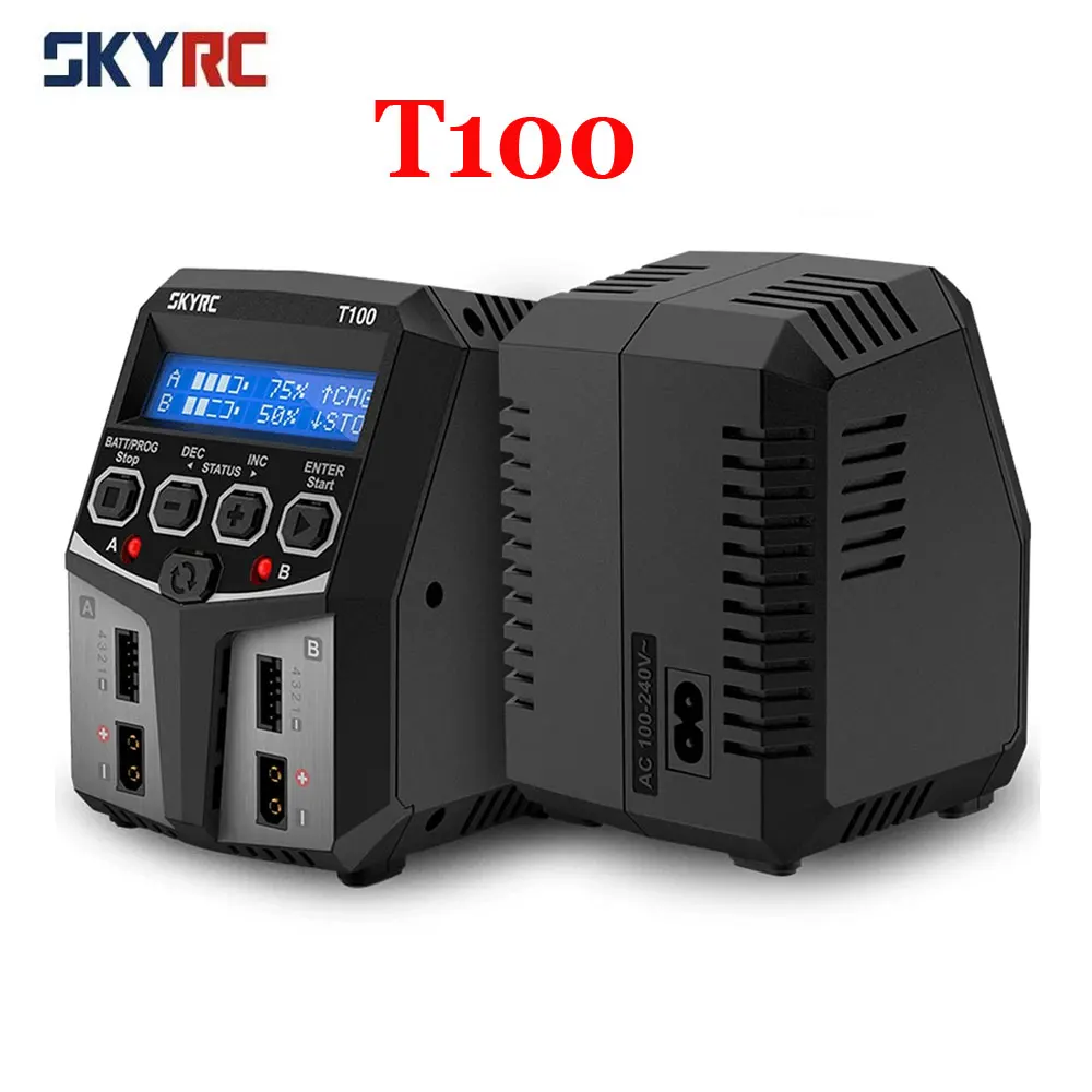 

SKYRC T100 Двойное зарядное устройство переменного тока — балансное зарядное устройство 5A, 2x50 Вт, 2-4S для NiMH/NiCd/LiPo/LiFe/LiHV/Pb аккумуляторов и радиоуправляемых моделей