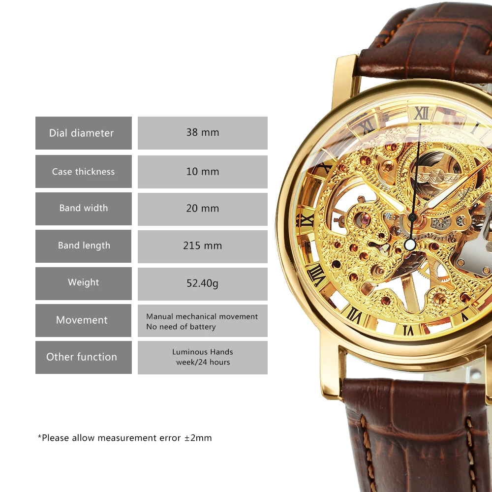 Winner Transparent Luxury Skeleton Mechanical Watches Casual Leather Strap Gold Watch for Men Luminous Hands Retro Wristwatches