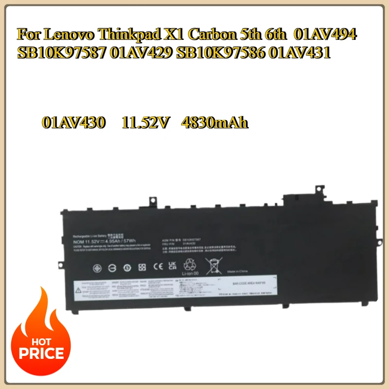 

New 01AV430 Replacement Battery FOR Lenovo Thinkpad X1 Carbon 5th 6th 01AV494 SB10K97587 01AV429 SB10K97586 01AV431 Li-Polymer