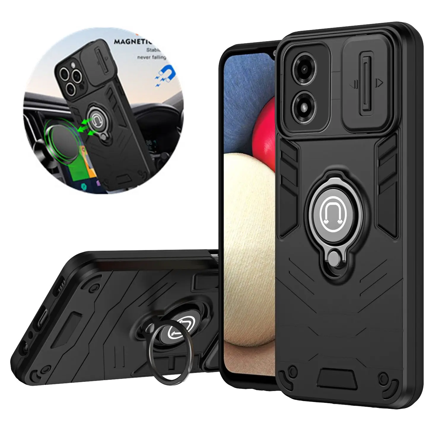 For Motorola Moto G04 G24 Armor Slide Camera Funda for Moto G 04 24 MotoG04 MotoG24 Magnetic Ring Stand Holder Case