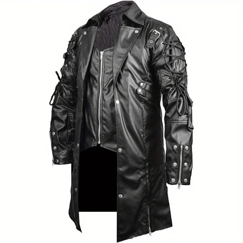 

Men's Halloween Medieval Costume Punk Gothic Mid Length PU Leather Jacket for Cosplay and Dress up