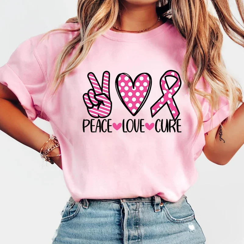 New Funny Breast Cancer Awareness Peace Love Cure T Shirt Unisex Short Sleeve O Neck Summer Casual Letter Printing T-Shirt Top