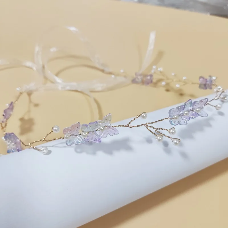 

Свадебные аксессуары для волос: фиолетово-красная повязка с бабочками, жемчугом и цветами, ручной работы, украшенная бусинами, для женщин, подарок