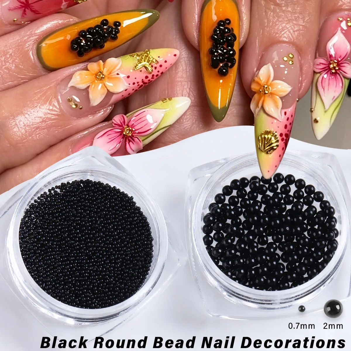 Black Round Caviar Bead Nail Decorations, Smooth Round Mini Ball Nail Charms Supplies, DIY Textured 3D Nail Art Effects