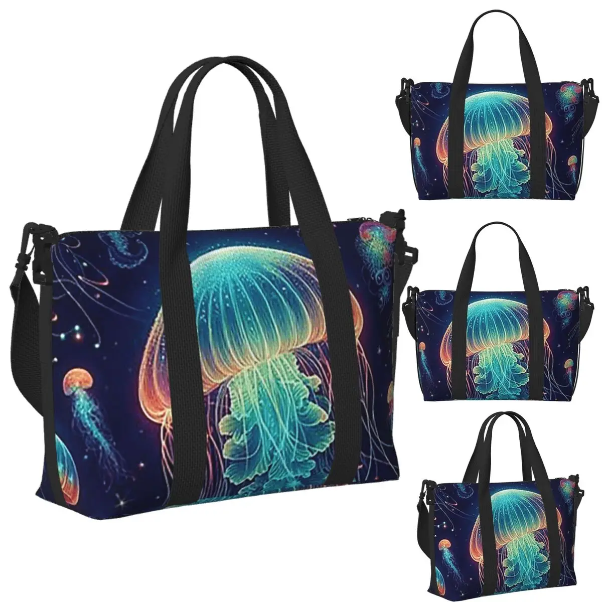 

Custom Luminescent Rainbow Jellyfish On Navy Blue Beach Travel Bag Tote Bags for Gym Sport Women Shopping Duffle Shoulder Bag