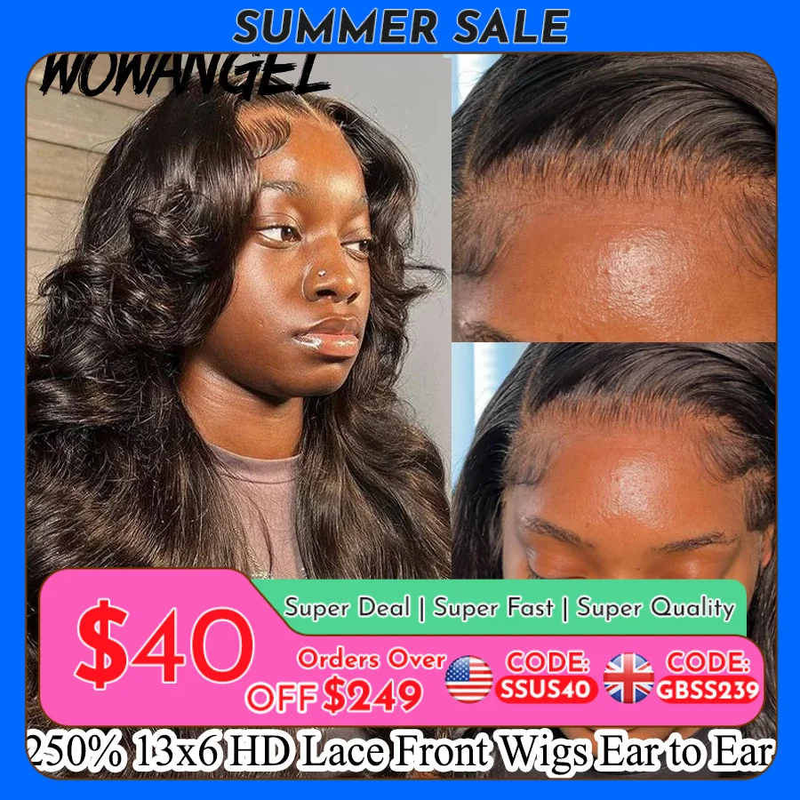 Wow Angel 250% 13x6 HD Lace Front Wig Swiss Lace Melt Skin Pre Plucked Natural Scalp Body Wave Human Hair Wig For Woman Glueless