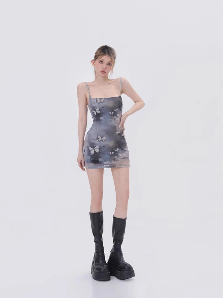 REDDACHiC Y2k Aesthetic Butterfly Print Camisole Dress Women Lace-up Tie Dye Mesh Slim Open Back Desire One-piece Grunge Clothes