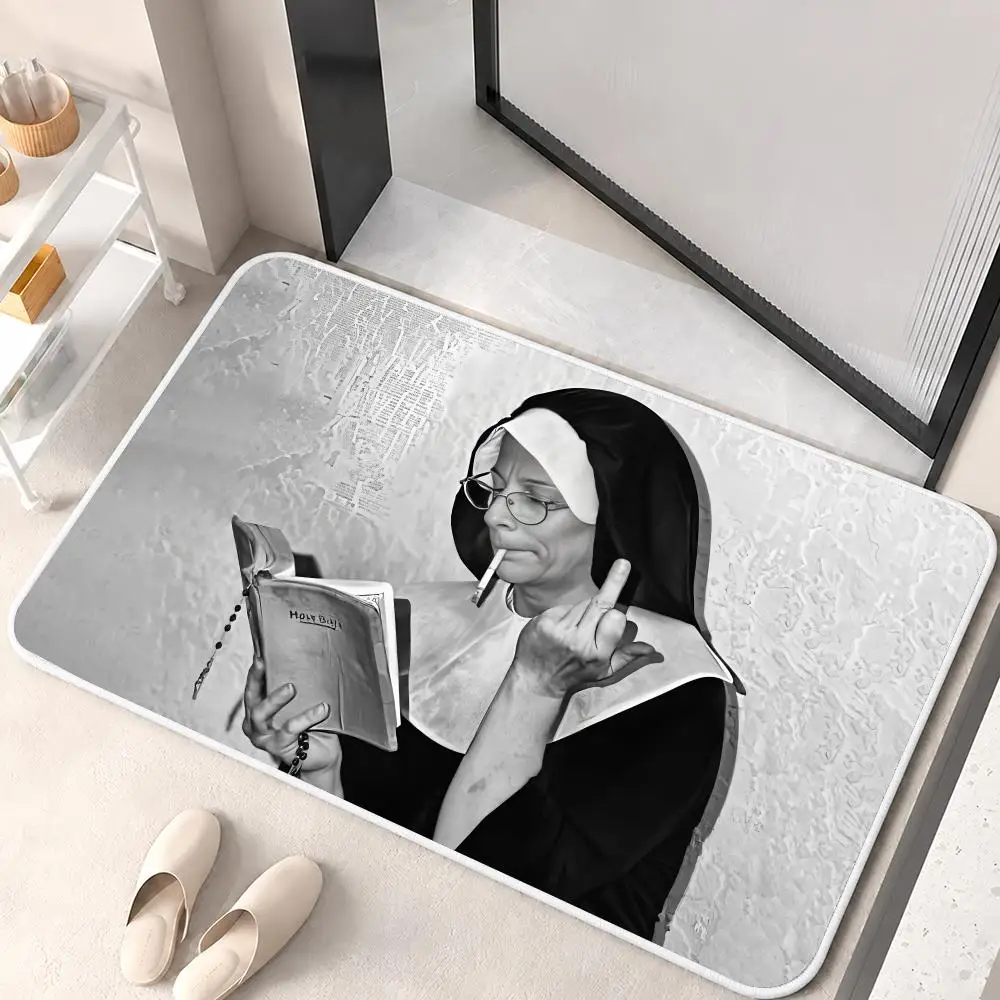 Nuns Smoking Black Funny Floor Mat Flannel Rug Soft Non Slip Door Mat For Bathroom Bedroom Kitchen Living Room Home Decor