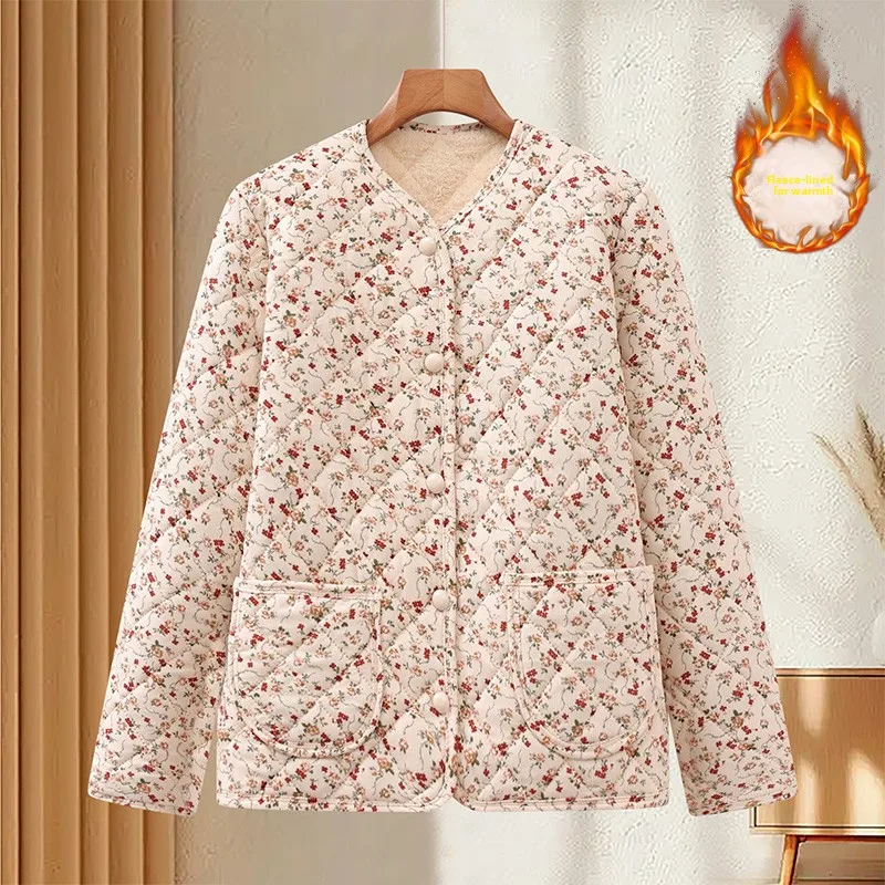 Floral Print Fleece Lined Cotton Jacket Women's Winter Warm Inner Wear Coat Casual Loose Fit round Neck Single Button Closure