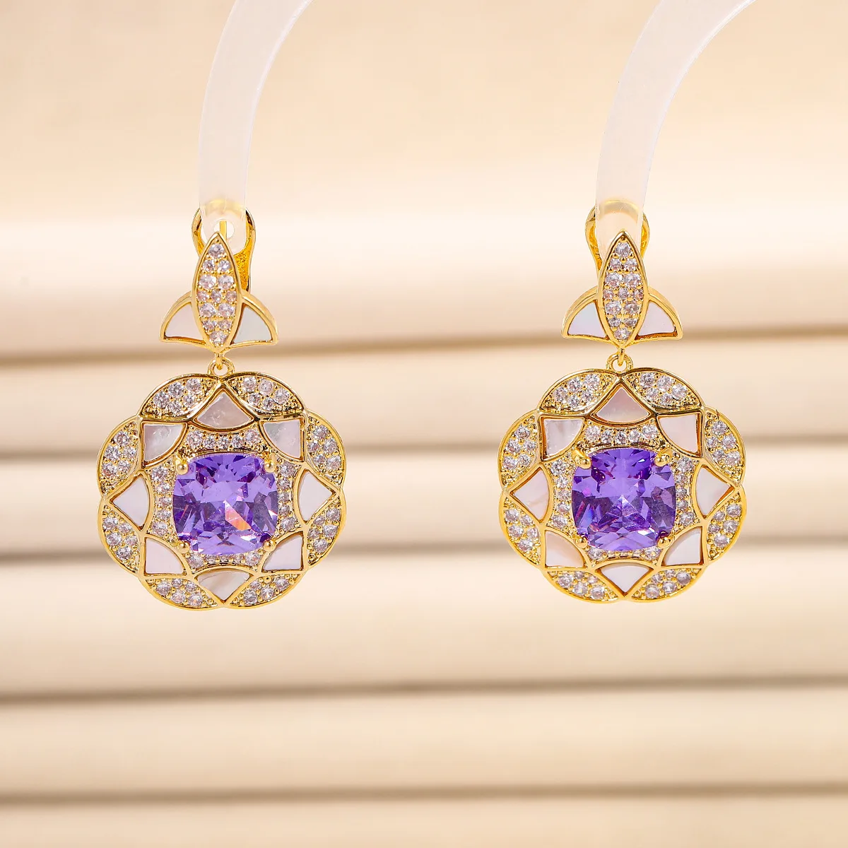 

Bilincolor Iris Purple Zircon Flower Ring Earrings for Women