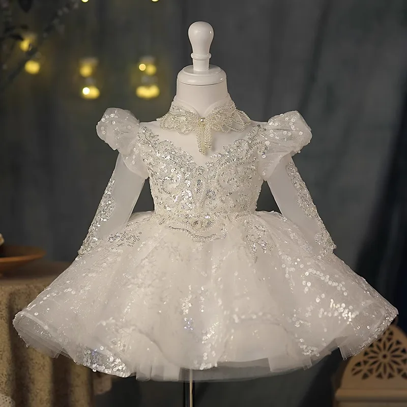 

Children Baby Girl Dress for Party Ball Flower Girl white Sequin Pearl Long sleeved perspective Wedding kids Dresses