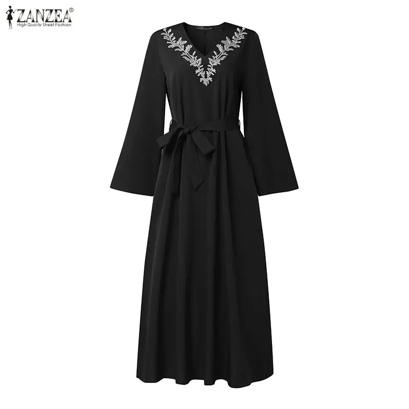 

ZANZEA женское скромное платье макси для Рамадана мусульманские хиджабы с вышивкой и v-образным вырезом, расклешенными рукавами, длинные платья с поясом, халат из морщинистой ткани