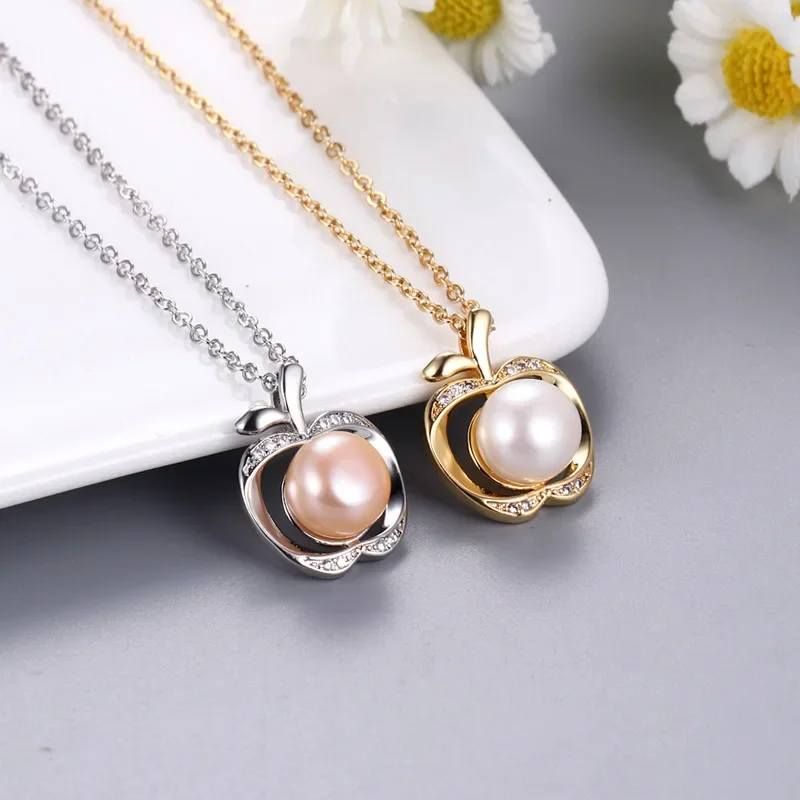 Dainashi 9-10mm Bread Round Natural Freshwater Cultured Pearl Necklaces Creative Apple Pendant Chain Necklaces Jewelry Gift