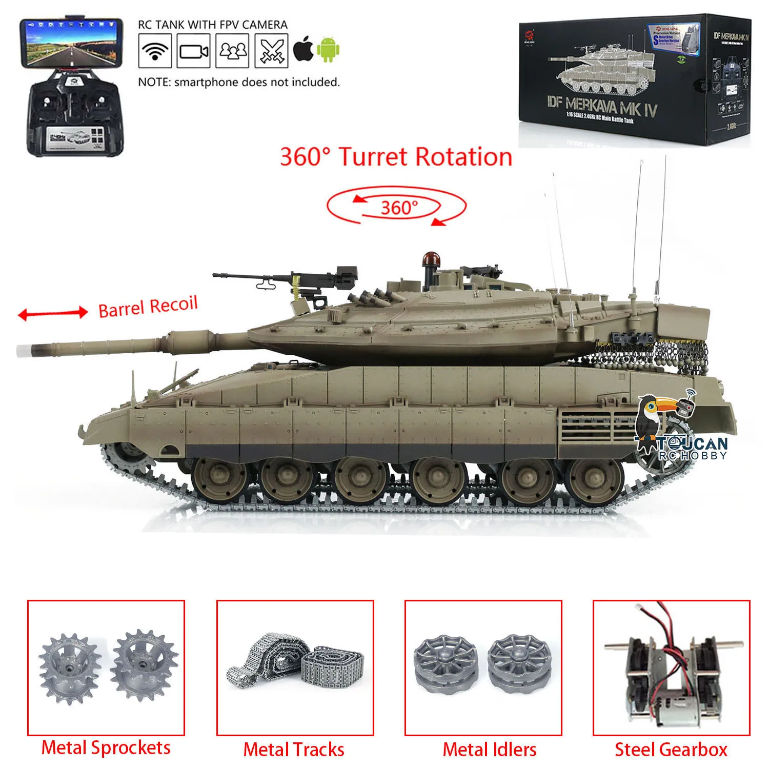 Upgraded 1:16 Heng Long 3958 RC Tank IDF Merkava MK IV Remote Control Military Vehicle FPV Metal Tracks Driving Motor Idlers