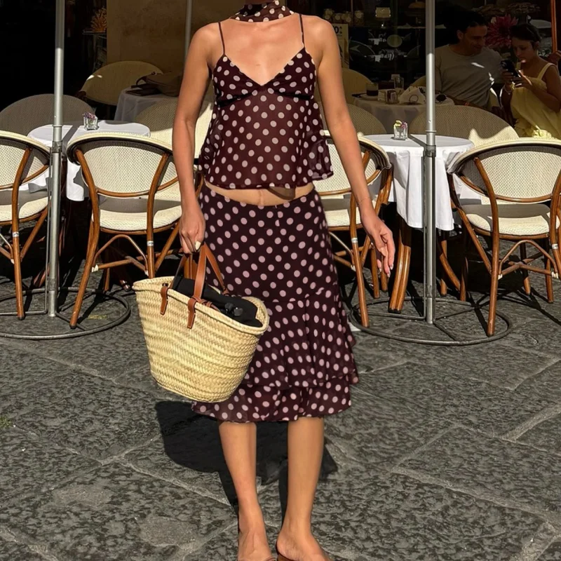 Jupe mi-longue à pois pour femmes, Vintage, nœud papillon, maille transparente, ourlet à volants, mode rétro, jupe décontractée pour sortir, tendance