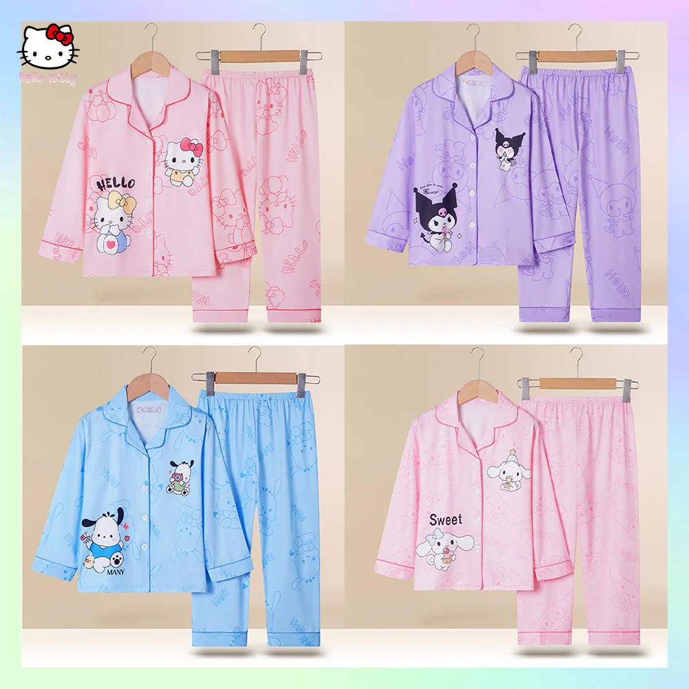 Anime Kawaii Sanrioed Cinnamoroll Hello Kitty Kuromi Y2K Long Sleeve Kids Pajamas Set Spring Cartoon Boy Girl Homewear Sleepwear