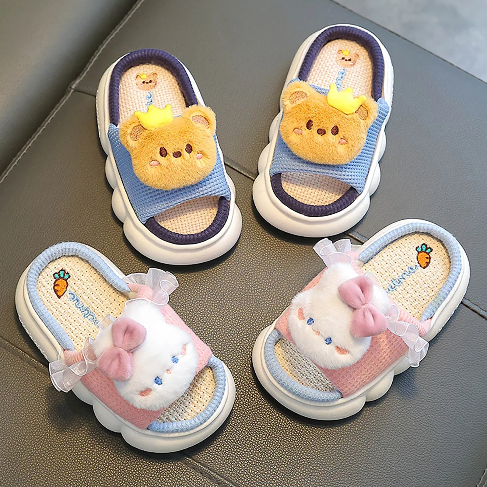 Cartoon Bear Children Four Seasons Slippers Cute Indoor Cotton Shoes For Boys Girls Toddler Open Toe Soft Sole Toddler Slippers